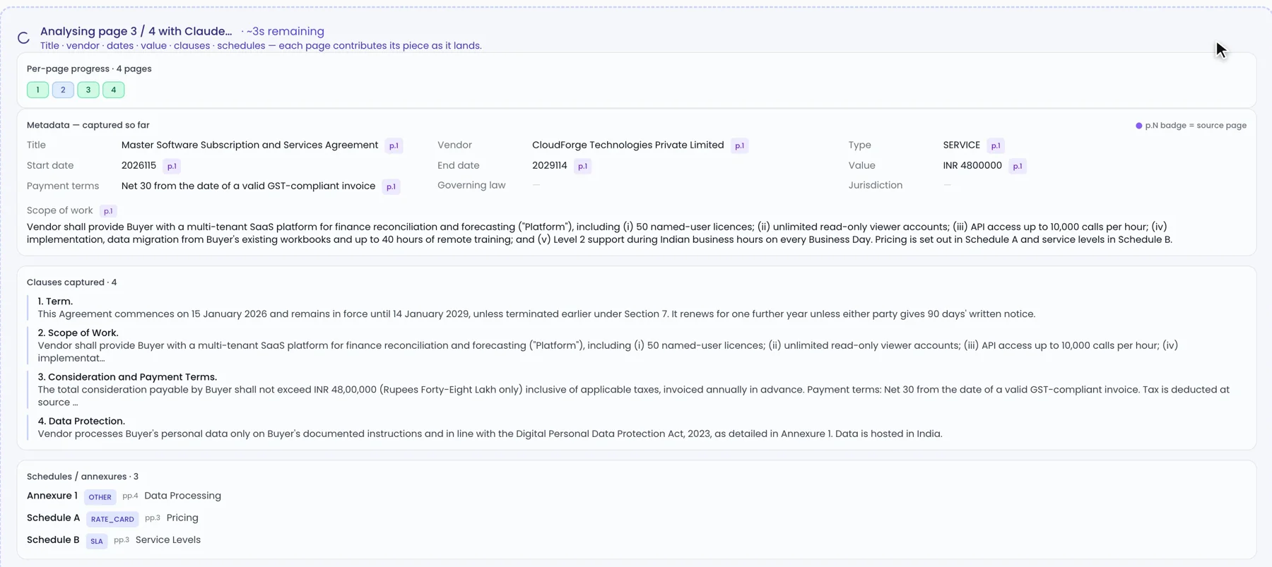 Contract AI reading a contract page by page in ProcurePulse and capturing metadata, clauses and schedules