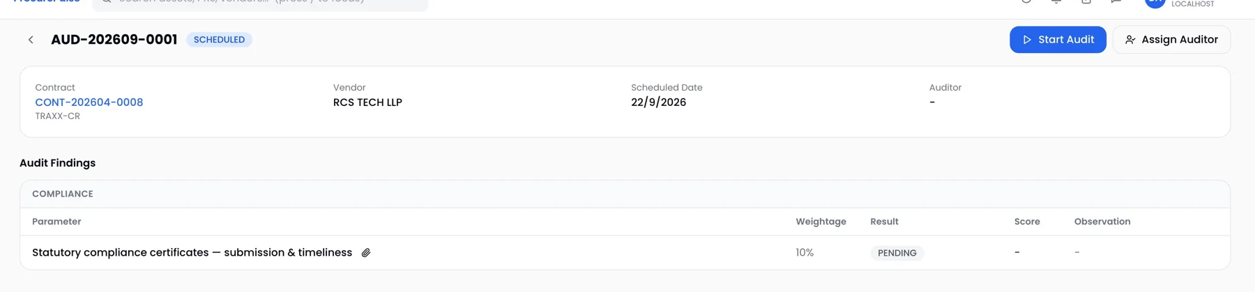 ProcurePulse scheduled contract audit with Start Audit and Assign Auditor actions and its audit findings checklist