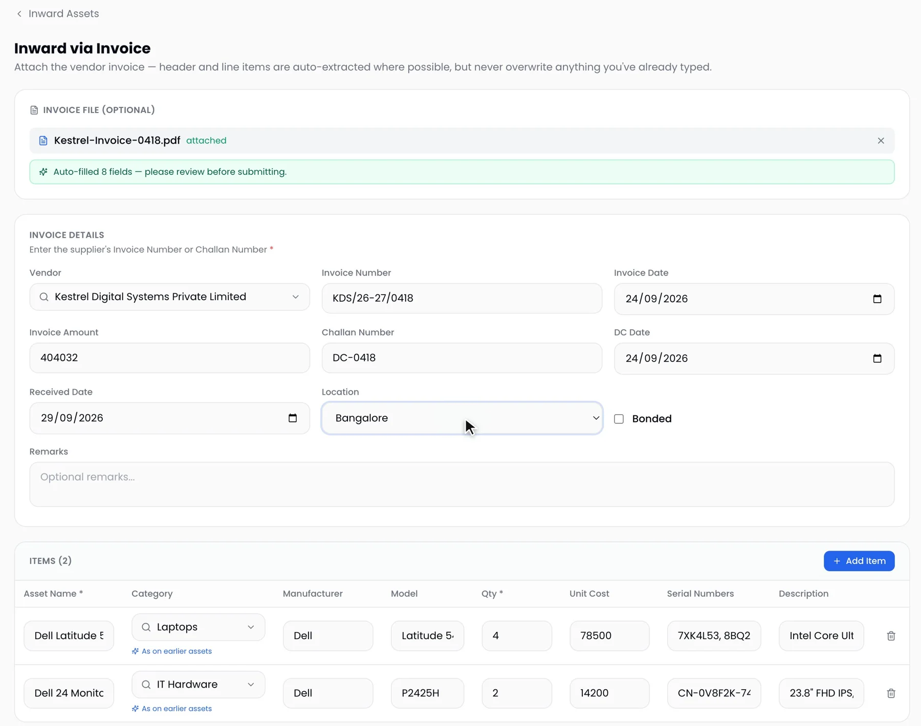 ProcurePulse Inward via Invoice screen with vendor, invoice number, dates, amount and line items auto-filled from the attached invoice