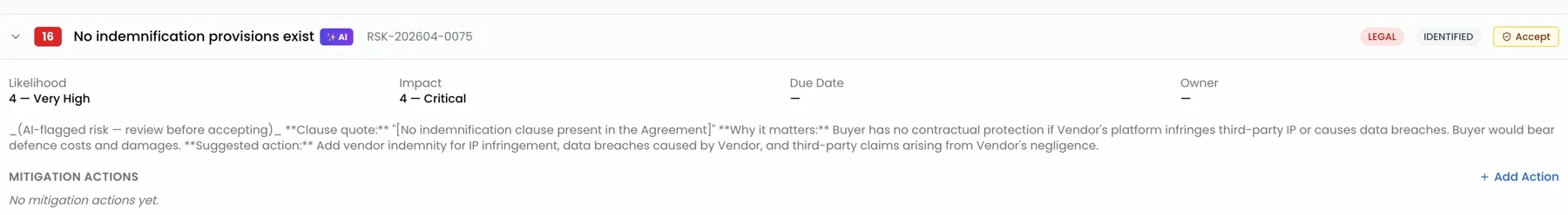 ProcurePulse expanded risk with likelihood, impact, due date, owner, an AI-suggested action and a mitigation actions tracker