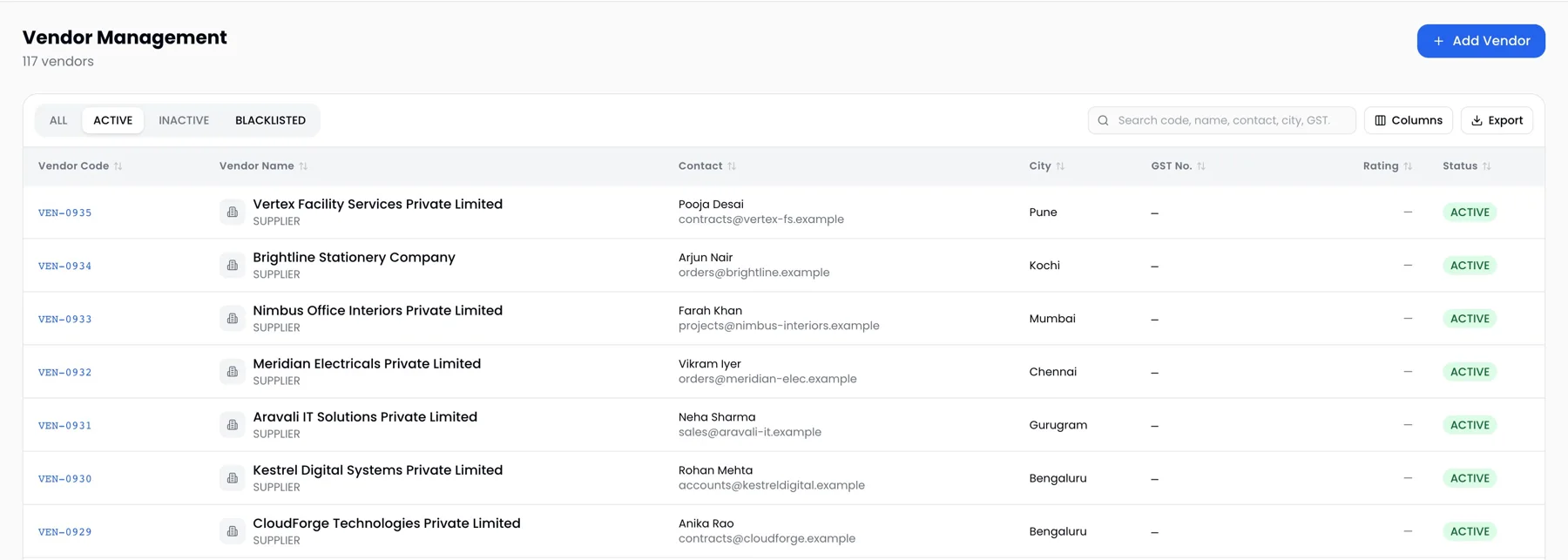 ProcurePulse vendor master listing vendor codes, contacts, cities and status