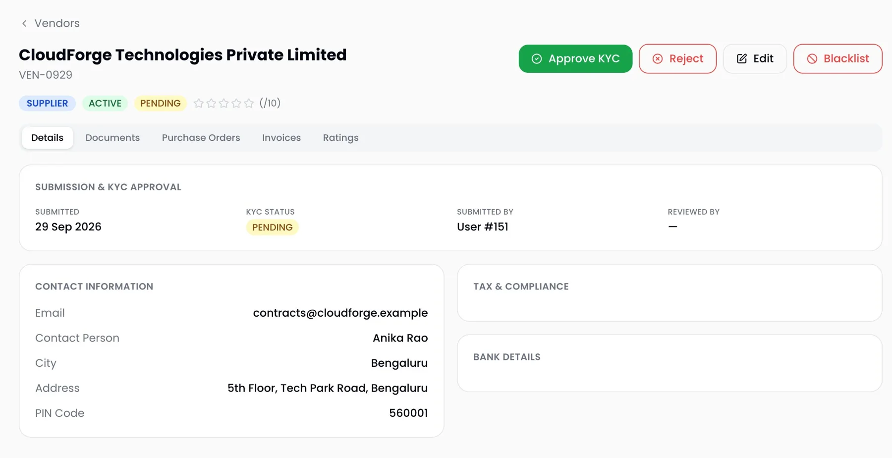 ProcurePulse vendor profile with tax and compliance section alongside KYC approval status