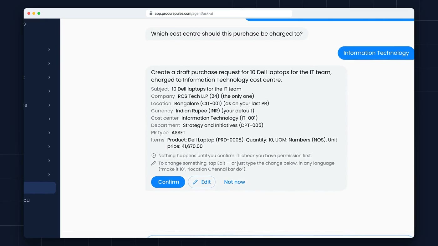 ProcurePulse Ask AI drafting a purchase request for 10 laptops with a Confirm button